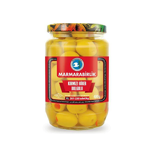 MARMARABIRLIK GREEN OLIVES WITH RED PEPPER 400G MARMARABIRLIK GREEN OLIVES WITH RED PEPPER 400G